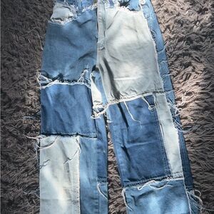 SHEIN Patchwork Denim Jeans in Blue and Light Blue